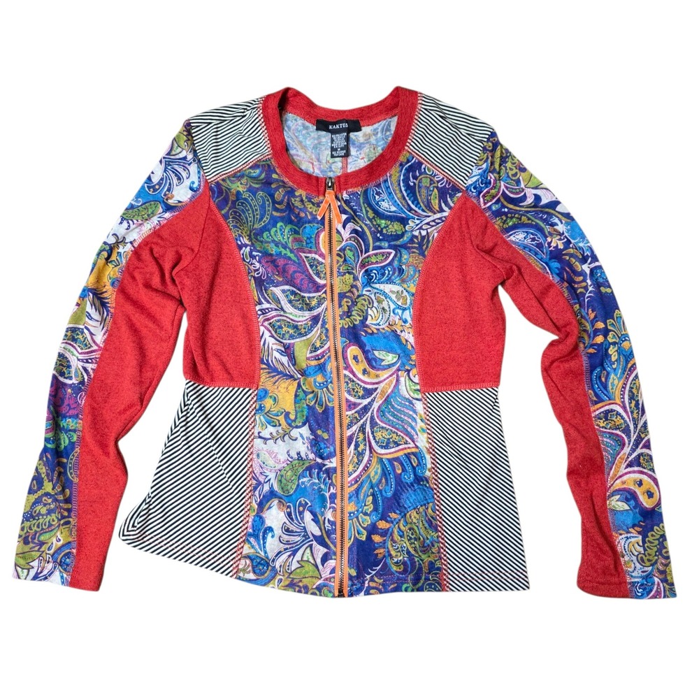 Kaktus Zip Up Cardigan Sweater Jacket M Patchwork Paisley Stripe Boho Artsy M